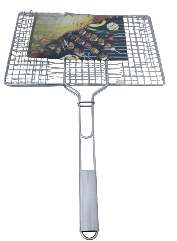 ماس مقبض فولاذي، سلة شواء محمولة قابلة للطي للأسماك والخضروات والروبيان، منطقة شواء أكبر 43*30*3 سم - Image 1