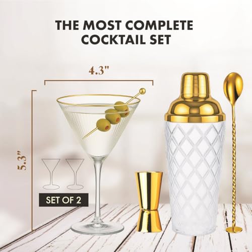 VEMACITY - Luxury Cocktail Shaker Set - Gold Glass Cocktail Shaker with Built-In Strainer + 2 Ribbed Espresso Martini Glasses with Gold Rims, Bar Spoon & Jigger | Ideal for Home Mixology - Image 2