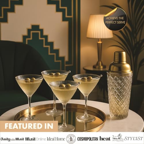 VEMACITY - Luxury Cocktail Shaker Set - Gold Glass Cocktail Shaker with Built-In Strainer + 2 Ribbed Espresso Martini Glasses with Gold Rims, Bar Spoon & Jigger | Ideal for Home Mixology - Image 4