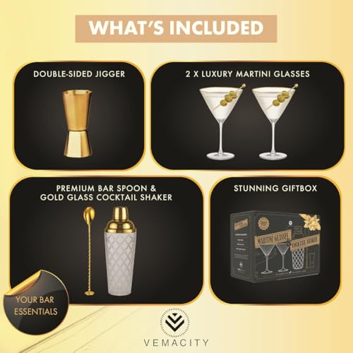 VEMACITY - Luxury Cocktail Shaker Set - Gold Glass Cocktail Shaker with Built-In Strainer + 2 Ribbed Espresso Martini Glasses with Gold Rims, Bar Spoon & Jigger | Ideal for Home Mixology - Image 3