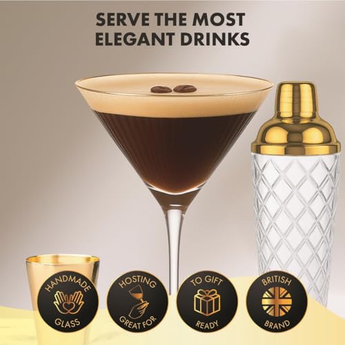 VEMACITY - Luxury Cocktail Shaker Set - Gold Glass Cocktail Shaker with Built-In Strainer + 2 Ribbed Espresso Martini Glasses with Gold Rims, Bar Spoon & Jigger | Ideal for Home Mixology - Image 5
