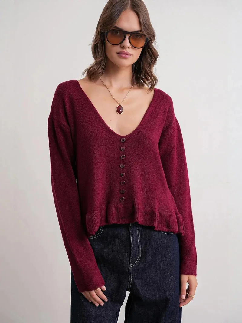 MixRay Mixray Lightweight V-Neck Knit Top with Button Detail