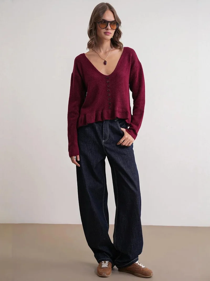MixRay Mixray Lightweight V-Neck Knit Top with Button Detail