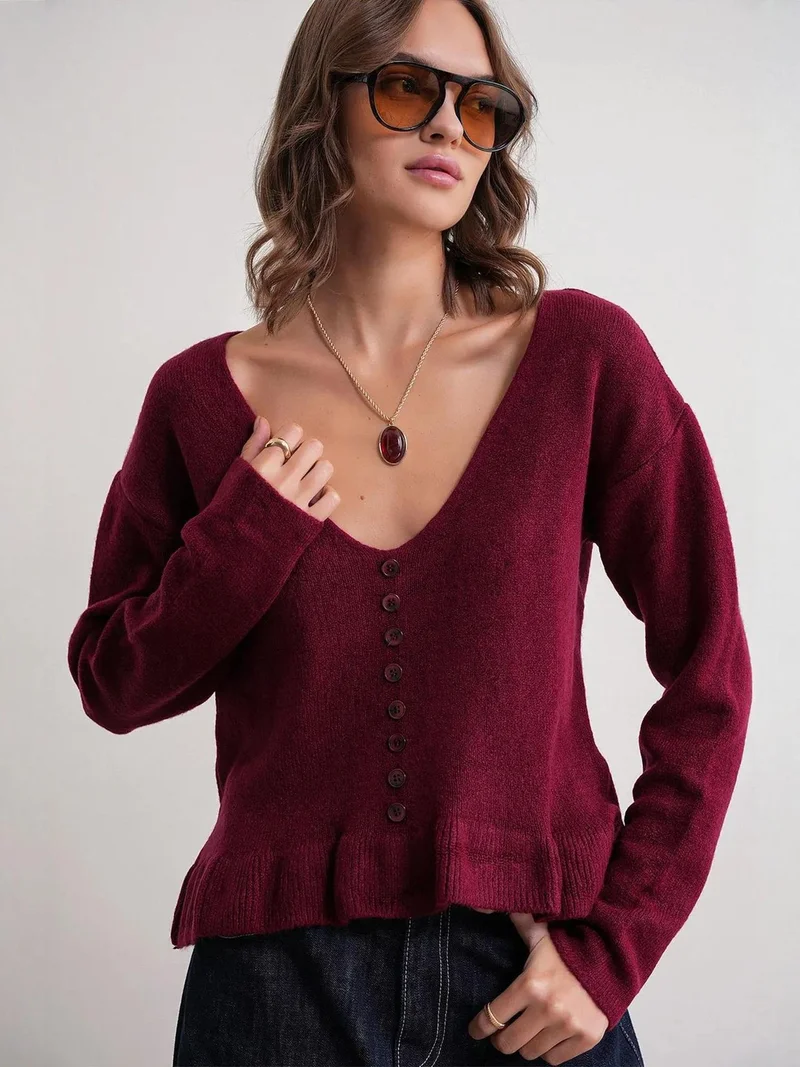 Mixray Burgundy Red Mixray Lightweight V-Neck Knit Top with Button Detail for Women | Best Price UAE
