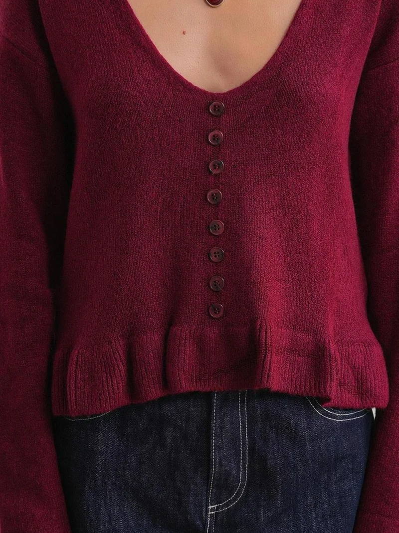 Mixray Burgundy Red Mixray Lightweight V-Neck Knit Top with Button Detail for Women | Best Price UAE