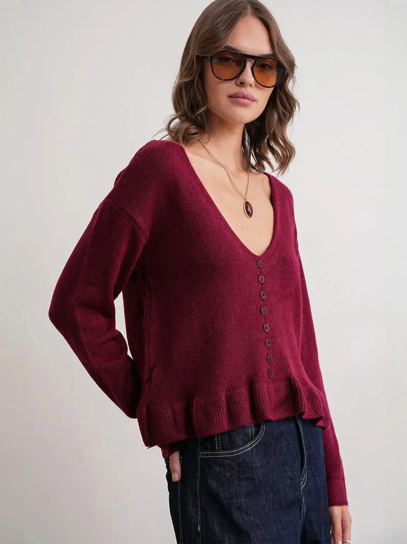 Mixray Burgundy Red Mixray Lightweight V-Neck Knit Top with Button Detail for Women | Best Price UAE