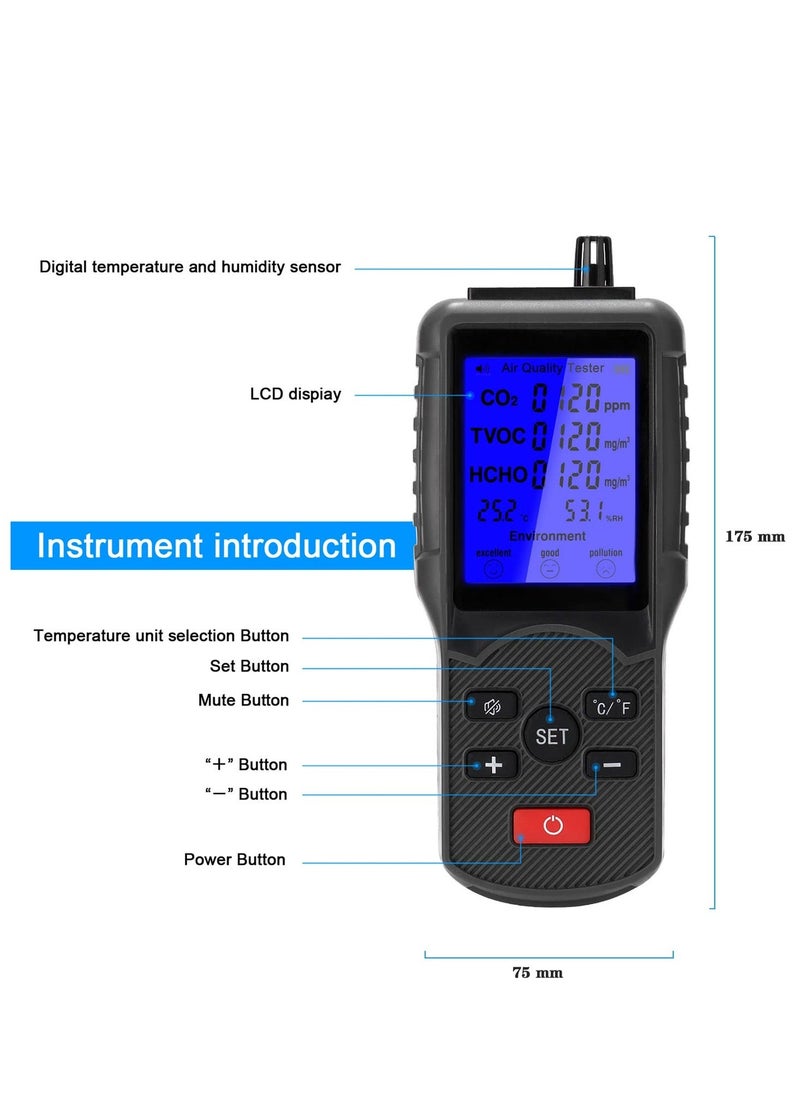 Generic Air Quality Monitor, Accurate Tester for CO2, HCHO, TVOC, Formaldehyde Detector, Temperature and Humidity Meter Sensor, Tester Real Time Air Data Recording for Home, Office, Outdoor  - Image 4