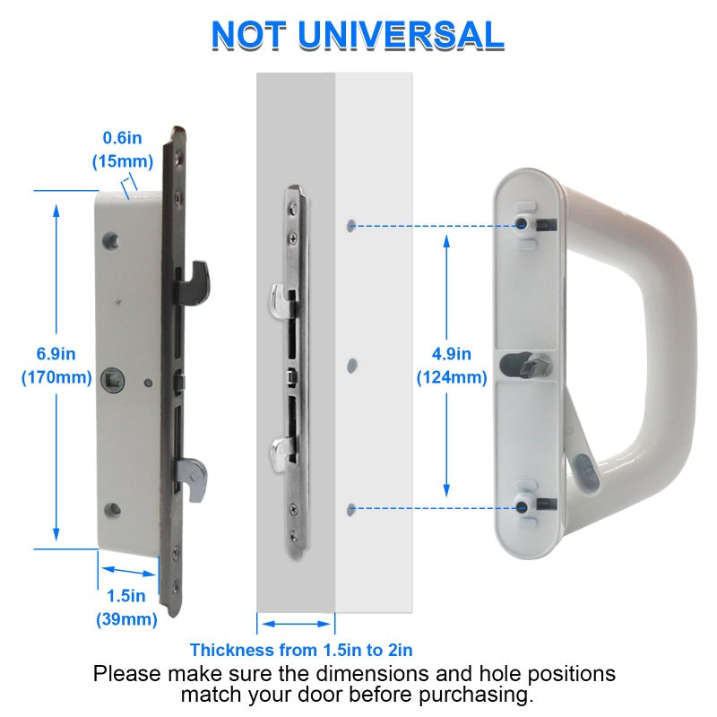 ALLYWASAI Sliding Patio Door Handle Set with Mortise Lock, Suitable for Sliding Glass Patio Door Thickness from 1.5in to 2in, 4-15/16" Screw Holes, Need to Drill, Reversible Design, Keyed, White - Image 4