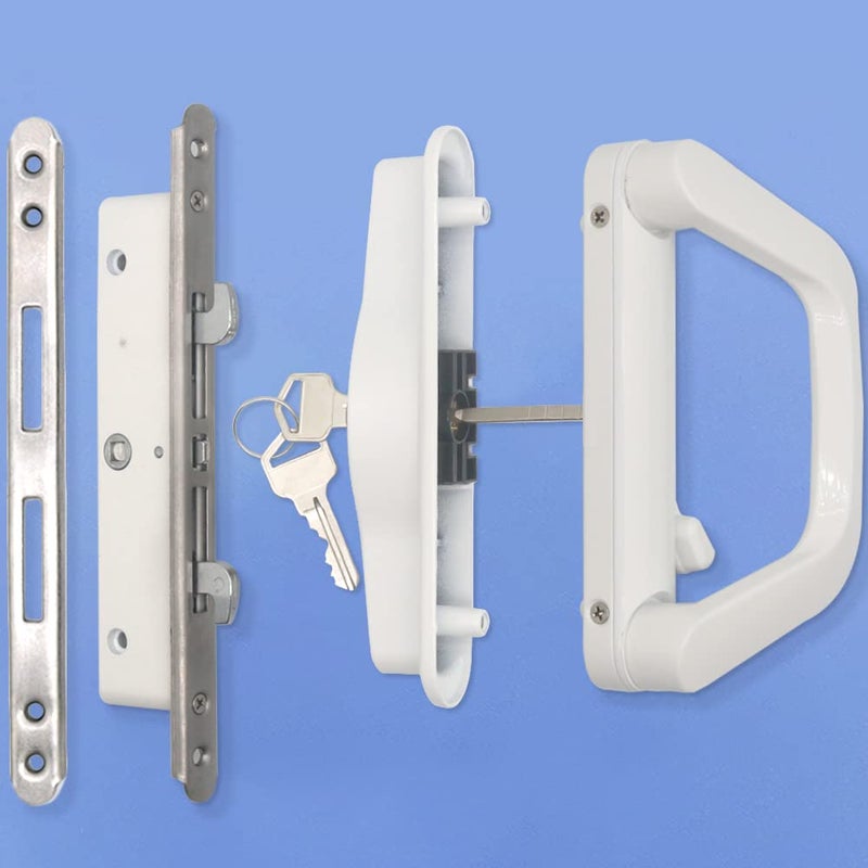 ALLYWASAI Sliding Patio Door Handle Set with Mortise Lock, Suitable for Sliding Glass Patio Door Thickness from 1.5in to 2in, 4-15/16" Screw Holes, Need to Drill, Reversible Design, Keyed, White - Image 1