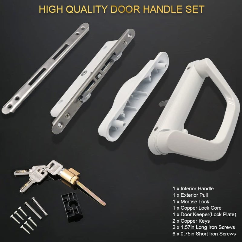 ALLYWASAI Sliding Patio Door Handle Set with Mortise Lock, Suitable for Sliding Glass Patio Door Thickness from 1.5in to 2in, 4-15/16" Screw Holes, Need to Drill, Reversible Design, Keyed, White - Image 2