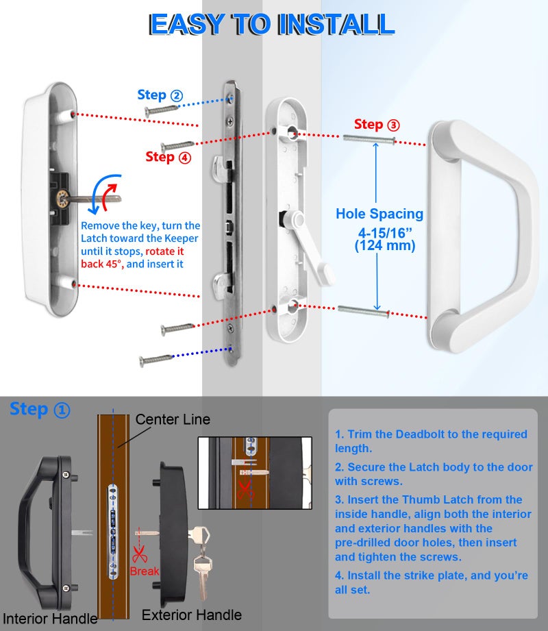 ALLYWASAI Sliding Patio Door Handle Set with Mortise Lock, Suitable for Sliding Glass Patio Door Thickness from 1.5in to 2in, 4-15/16" Screw Holes, Need to Drill, Reversible Design, Keyed, White - Image 5
