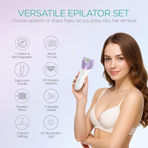VOYOR Epilator for Women, Cordless Epilators Hair Removal for Women, 3 in 1 Hair Removal Device for Leg Arm Face with 30 Tweezers, Rechargeable Wet & Dry Electric Lady Shaver & Trimmer BM300 (Purple) - Image 2