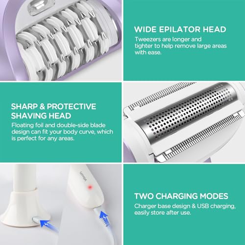 VOYOR Epilator for Women, Cordless Epilators Hair Removal for Women, 3 in 1 Hair Removal Device for Leg Arm Face with 30 Tweezers, Rechargeable Wet & Dry Electric Lady Shaver & Trimmer BM300 (Purple) - Image 5