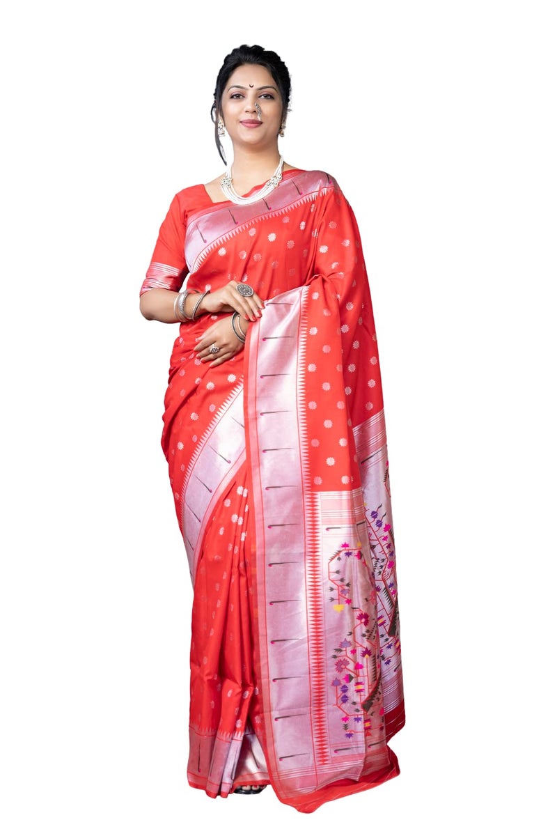 AMIRAT CLOTHING Womens Paithani Litchi silk Saree With Unstiched Blouse Piece (Red) - Image 1