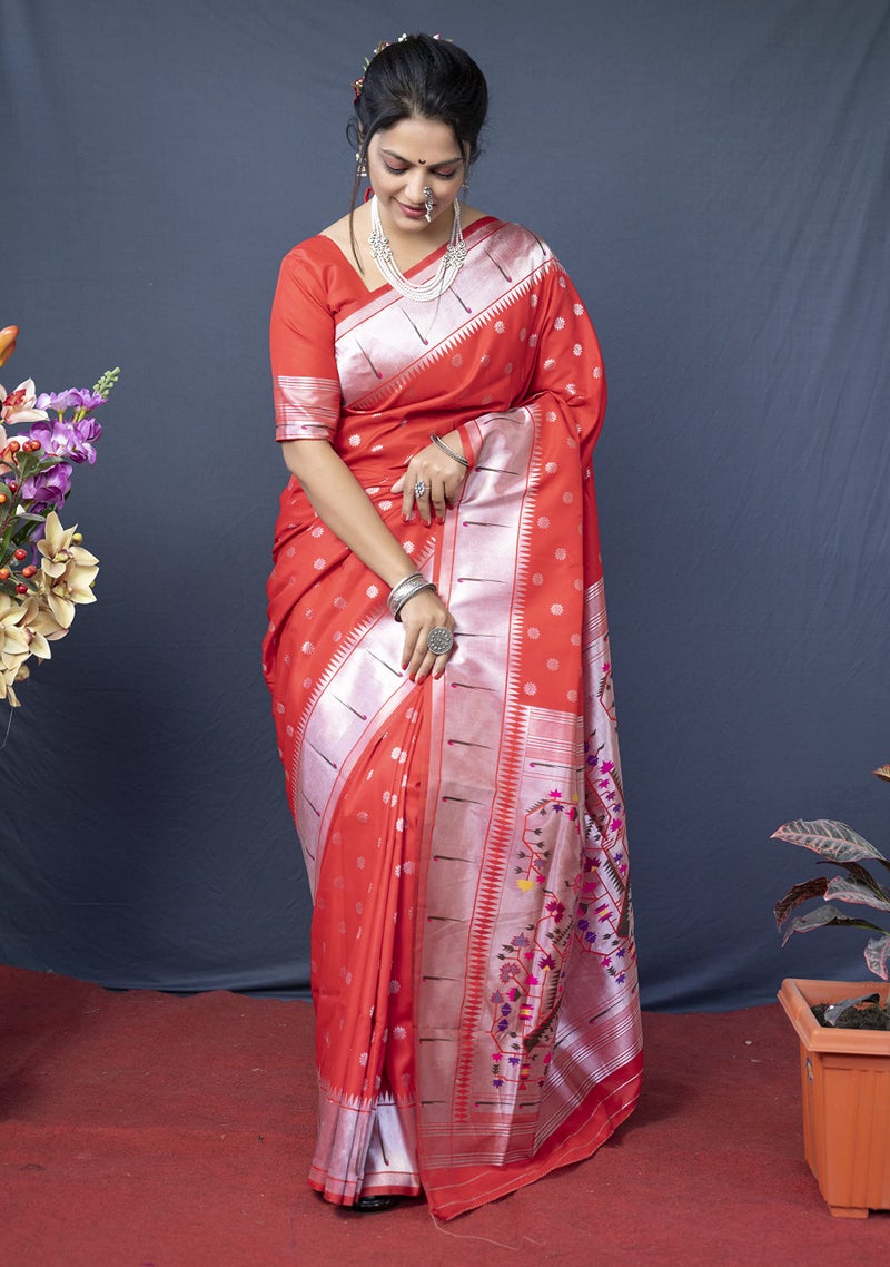AMIRAT CLOTHING Womens Paithani Litchi silk Saree With Unstiched Blouse Piece (Red) - Image 2