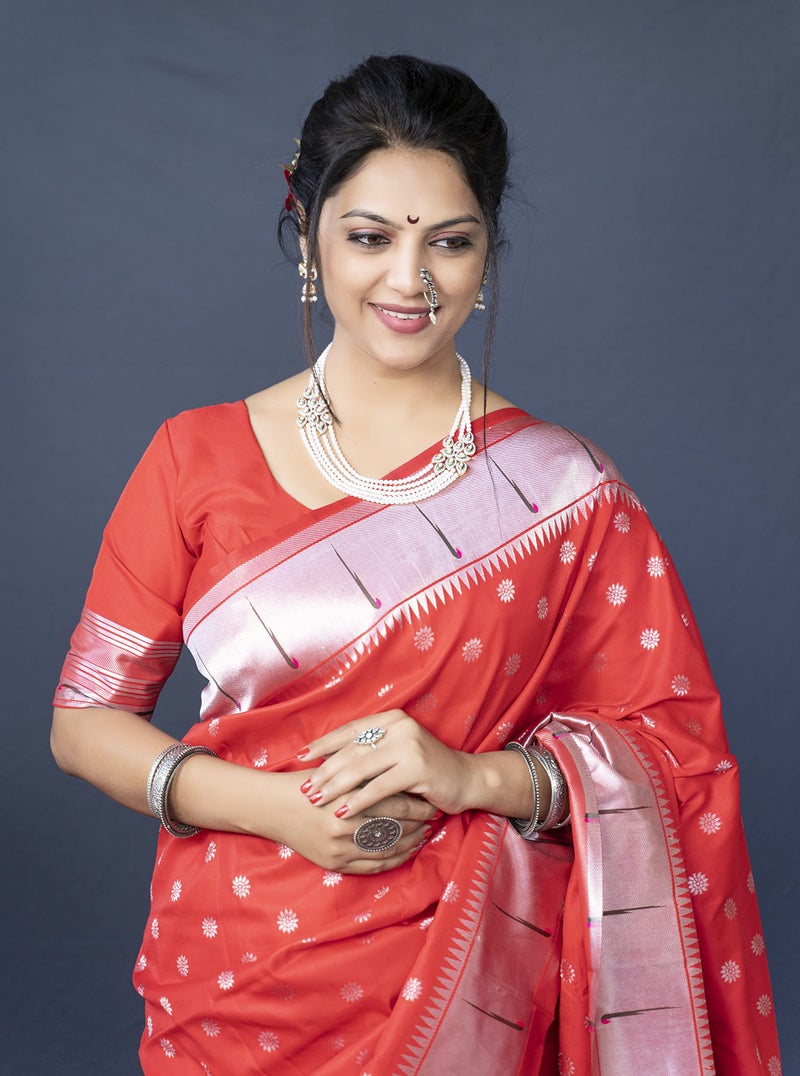AMIRAT CLOTHING Womens Paithani Litchi silk Saree With Unstiched Blouse Piece (Red) - Image 4