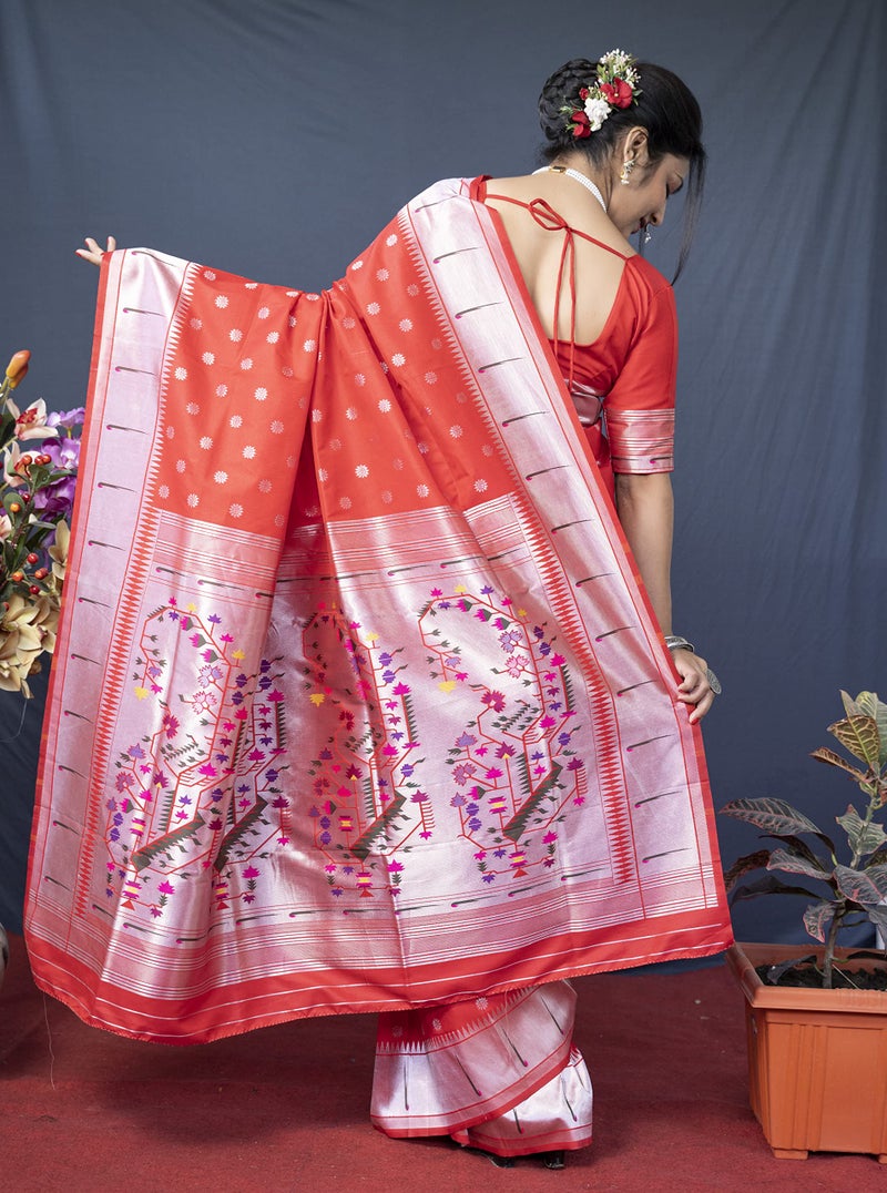 AMIRAT CLOTHING Womens Paithani Litchi silk Saree With Unstiched Blouse Piece (Red) - Image 3