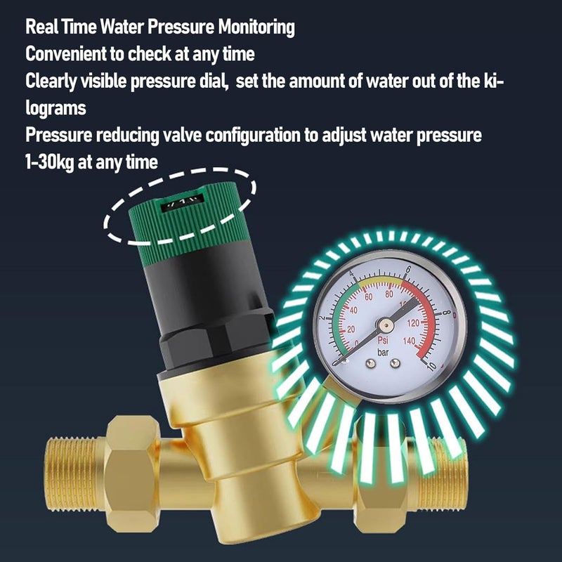 RV Water Pressure Regulator, Brass Accurate Water Pressure Reducer with Dial, Multifunctional Adjustable Filter Water Pressure Regulator for Purifier Heater Faucet (1/2 inch (DN15)) - Image 5