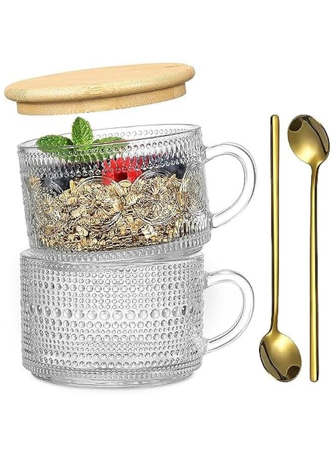 HOOKOR Vintage Coffee Mugs,Overnight Oats Containers With Lids Coaster Spoons - 400ML Clear Embossed Glass Cups,Coffee Bar Accessories,Iced Coffee Glasses for Cappuccino,Tea,Latte,2 Pack  - Image 1