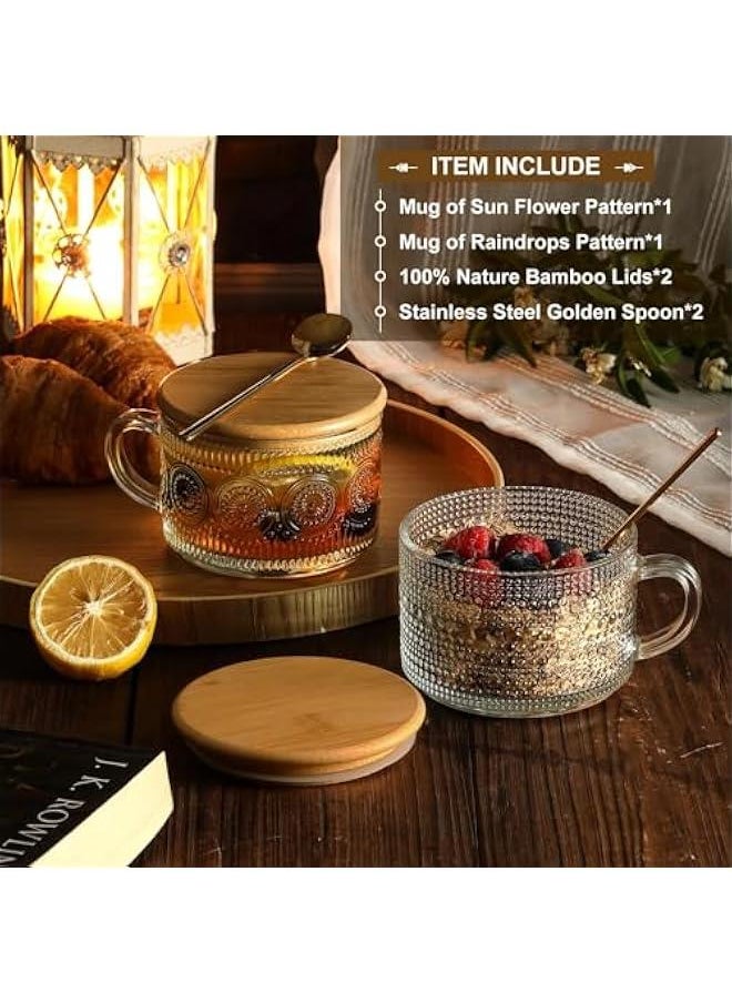 HOOKOR Vintage Coffee Mugs,Overnight Oats Containers With Lids Coaster Spoons - 400ML Clear Embossed Glass Cups,Coffee Bar Accessories,Iced Coffee Glasses for Cappuccino,Tea,Latte,2 Pack  - Image 2