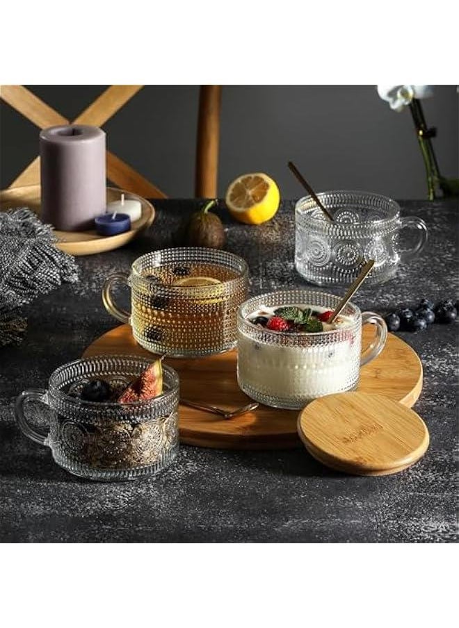 HOOKOR Vintage Coffee Mugs,Overnight Oats Containers With Lids Coaster Spoons - 400ML Clear Embossed Glass Cups,Coffee Bar Accessories,Iced Coffee Glasses for Cappuccino,Tea,Latte,2 Pack  - Image 3