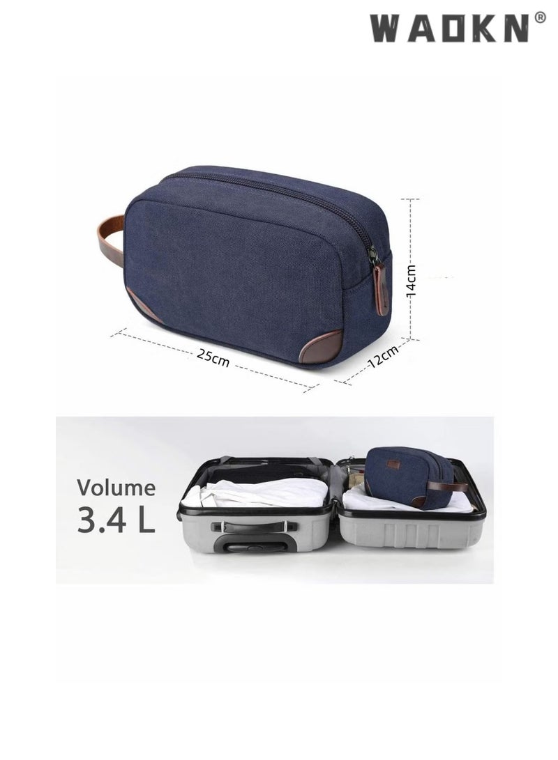 WAOKN Portable Travel Toiletry Bag, Men's Travel Organizer Kit, Shaving Facial Cleanser Bathroom Bag, Canvas Toiletry Organizer Bag, Canvas Organizer for Shampoo Shower Gel,with Handle (Navy Blue) - Image 2