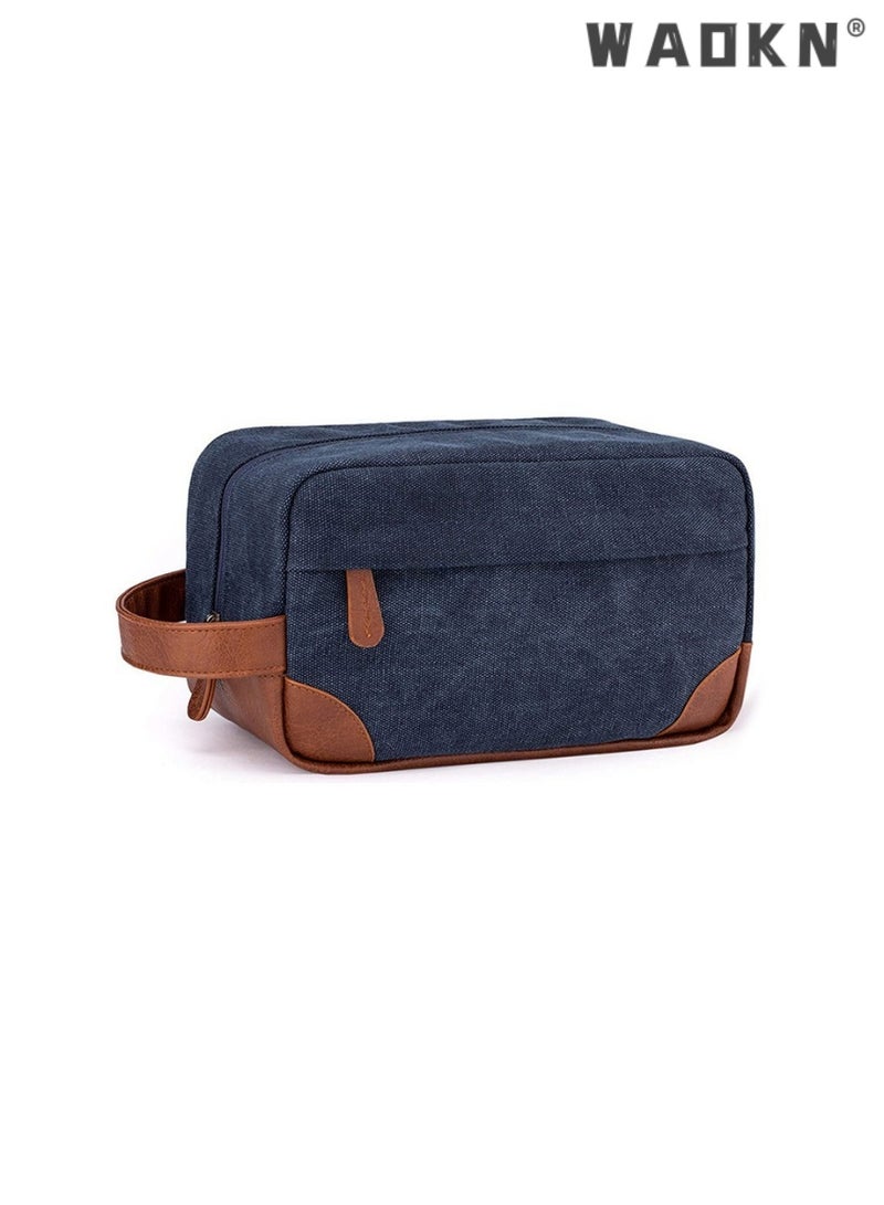 WAOKN Portable Travel Toiletry Bag, Men's Travel Organizer Kit, Shaving Facial Cleanser Bathroom Bag, Canvas Toiletry Organizer Bag, Canvas Organizer for Shampoo Shower Gel,with Handle (Navy Blue) - Image 1