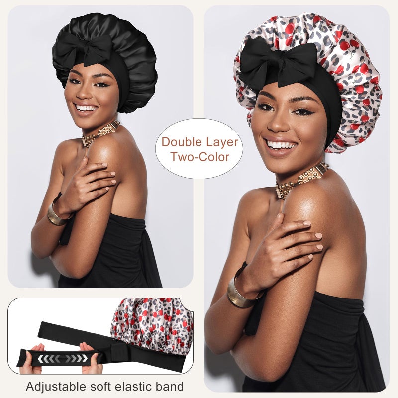 CHLINS Satin Bonnet Silk Bonnet for Sleeping Silk Sleep Cap Double Layer Hair Bonnet with Elastic Tie Band for Curly Hair Night Cap - Image 2