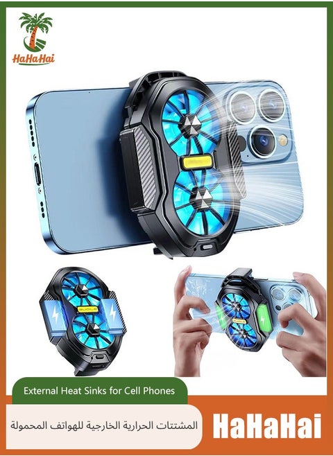 Mobile Phone Cooler with Dual Cooling Fan and Dual Built-in Battery, Cell Phone Dual Cooling Fan for iPhone Android Smartphones, Mobile Phone Radiator Heatsink with LED Backlight