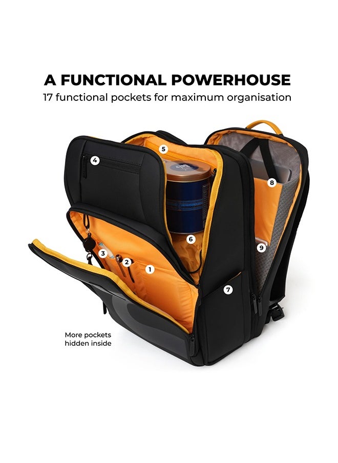 Mokobara MOKOBARA Em Telescope Backpack | 30L Expandable to 38L | Fits 16 inch Laptop | Water-Resistant Vegan Leather & Nylon | Travel, Work & School | Ergonomic Design, Padded Straps (Black)  - Image 3