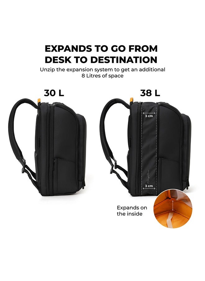 Mokobara MOKOBARA Em Telescope Backpack | 30L Expandable to 38L | Fits 16 inch Laptop | Water-Resistant Vegan Leather & Nylon | Travel, Work & School | Ergonomic Design, Padded Straps (Black)  - Image 4