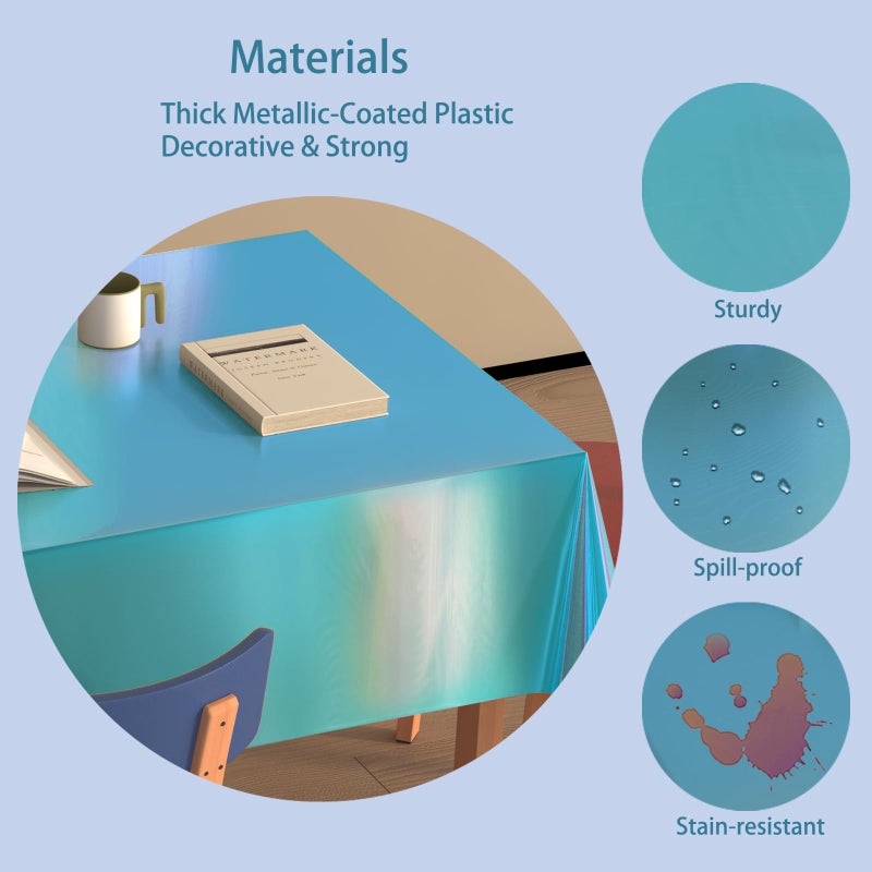 Caonysh 4 Pack Iridescent Plastic Tablecloths Disposable Table Cover Sparkly Foil Table Cloth for Rectangle Tables Party Decorations Birthday Princess Bridal Wedding Christmas Blue, 54 x 108 Inch - Image 3