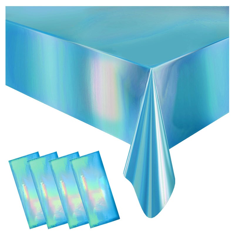 Caonysh 4 Pack Iridescent Plastic Tablecloths Disposable Table Cover Sparkly Foil Table Cloth for Rectangle Tables Party Decorations Birthday Princess Bridal Wedding Christmas Blue, 54 x 108 Inch - Image 1