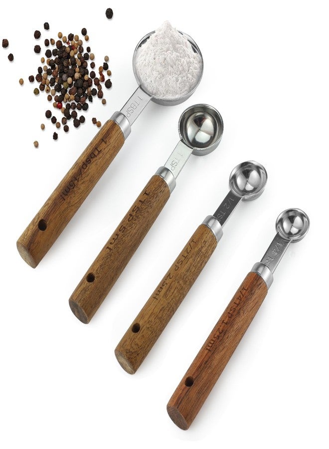 Realand Measuring Spoons Set of 4, Stainless Steel Measuring Spoons with Wooden Handle, 1/4 tsp, 1/2 tsp, 1 tsp, 1 tbsp, Tablespoon and Teaspoon Metal Measure Spoon - Image 1