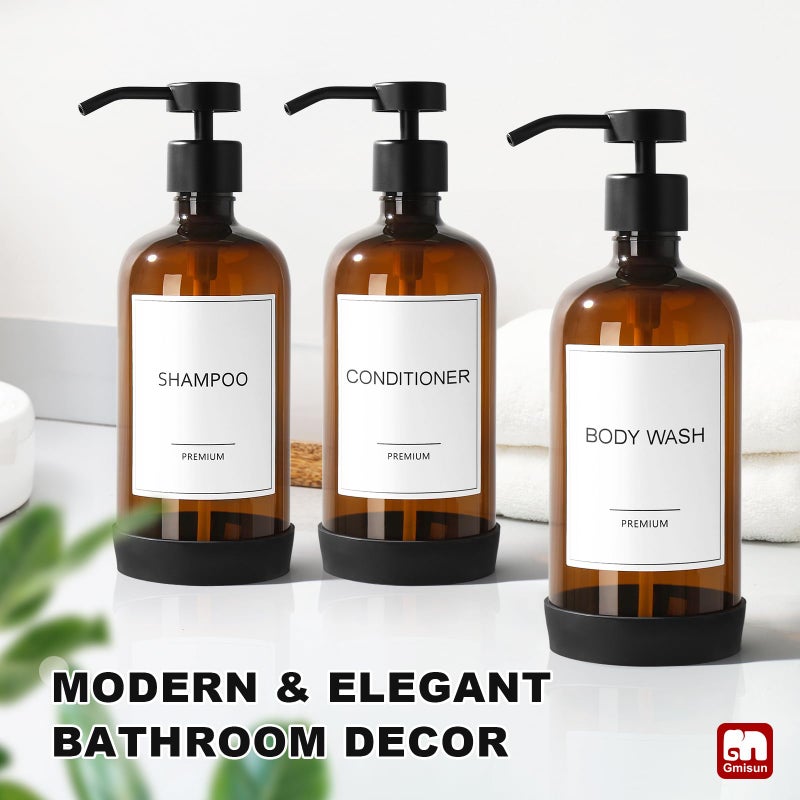 GMISUN Plastic Shampoo and Conditioner Dispenser with Silicone Sleeves, 21 oz Amber Shower Soap Dispenser Bottles with Labels, Refillable Shampoo Conditioner Body Wash Dispensers Set of 3 - Image 4
