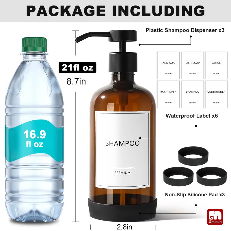 GMISUN Plastic Shampoo and Conditioner Dispenser with Silicone Sleeves, 21 oz Amber Shower Soap Dispenser Bottles with Labels, Refillable Shampoo Conditioner Body Wash Dispensers Set of 3 - Image 2