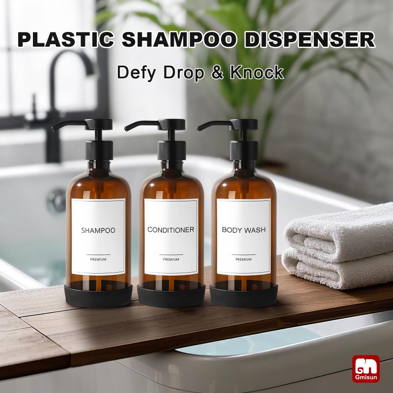 GMISUN Plastic Shampoo and Conditioner Dispenser with Silicone Sleeves, 21 oz Amber Shower Soap Dispenser Bottles with Labels, Refillable Shampoo Conditioner Body Wash Dispensers Set of 3 - Image 5