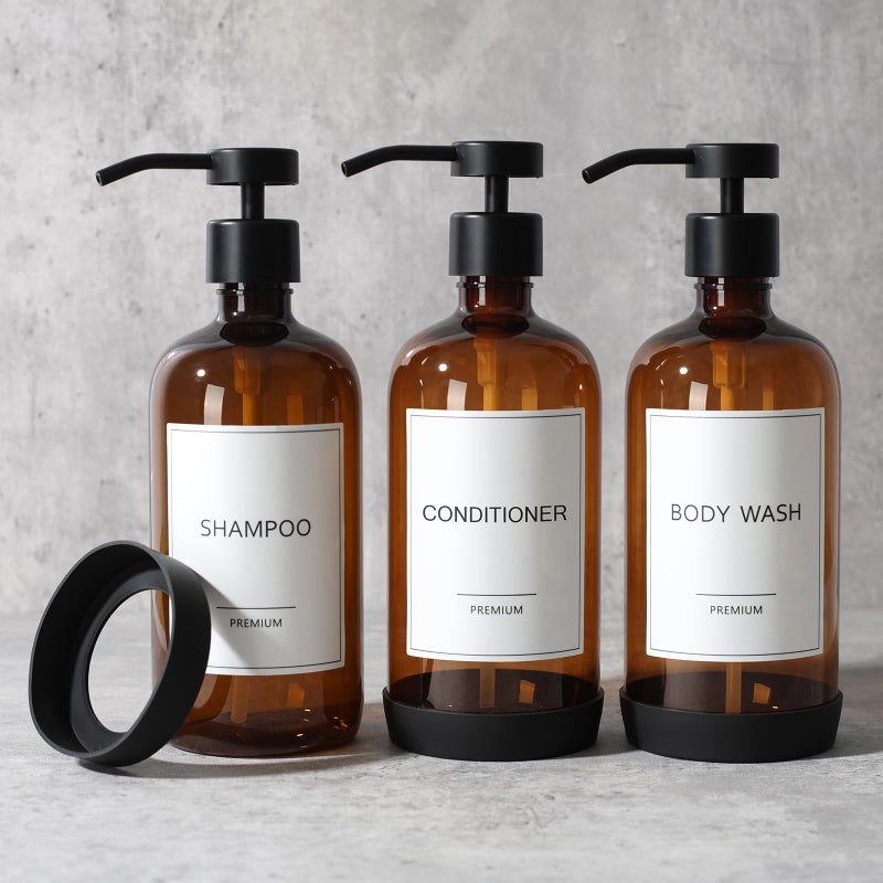 GMISUN Plastic Shampoo and Conditioner Dispenser with Silicone Sleeves, 21 oz Amber Shower Soap Dispenser Bottles with Labels, Refillable Shampoo Conditioner Body Wash Dispensers Set of 3 - Image 1