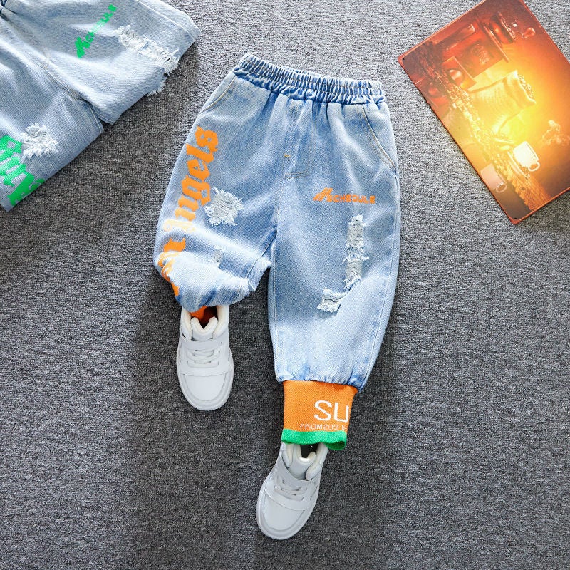 Boys' Ripped Printed Jeans 2024 Spring Wear Korean Style New Children'S Western Style Leggings Baby Pants Trousers - Image 1