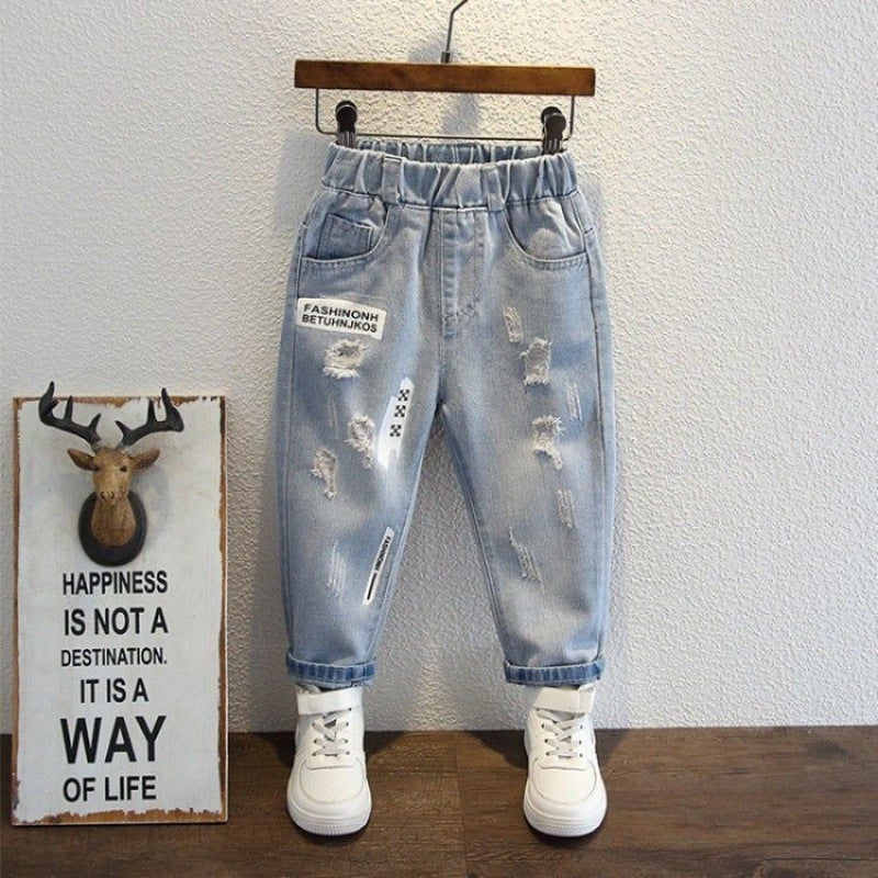 Boys' Ripped Printed Jeans 2024 Spring Wear Korean Style New Children'S Western Style Leggings Baby Pants Trousers - Image 3