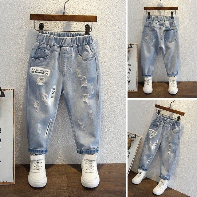 Boys' Ripped Printed Jeans 2024 Spring Wear Korean Style New Children'S Western Style Leggings Baby Pants Trousers - Image 2
