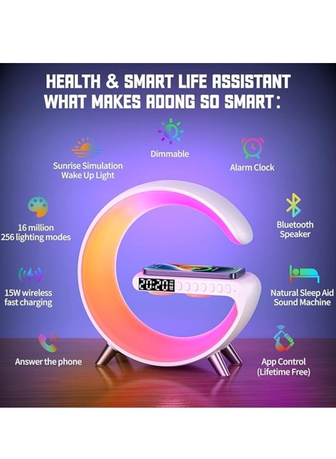 KHAMI-CO Smart 4-in-1 LED Table Lamp – Wireless Charger, Bluetooth Speaker, Alarm Clock & App-Control Night Light (White)  - Image 1