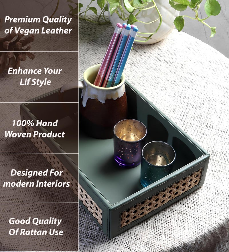 AKWAY Rattan Serving Tray | Cane for Home | Wicker Dining Table Decorative Trays | Bamboo Serving Tray | Platter with Handles Diwali or Deepawali Gifts | 10" x 7" x 3" - Image 4
