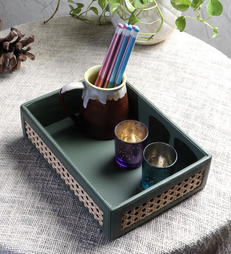 AKWAY Rattan Serving Tray | Cane for Home | Wicker Dining Table Decorative Trays | Bamboo Serving Tray | Platter with Handles Diwali or Deepawali Gifts | 10" x 7" x 3" - Image 1