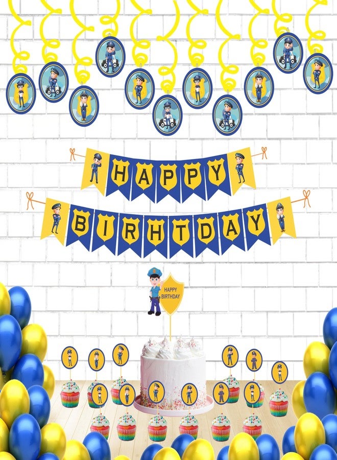 Untumble Police Theme Birthday Decoration For Boys | Swirls & Toppers Kit For Police Birthday Decoration | Includes Swirls, Cake & Cup Cake Toppers, Happy Birthday Banner & Balloons | Pack of 56 - Image 1
