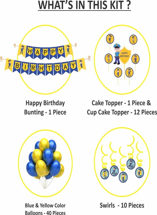 Untumble Police Theme Birthday Decoration For Boys | Swirls & Toppers Kit For Police Birthday Decoration | Includes Swirls, Cake & Cup Cake Toppers, Happy Birthday Banner & Balloons | Pack of 56 - Image 2