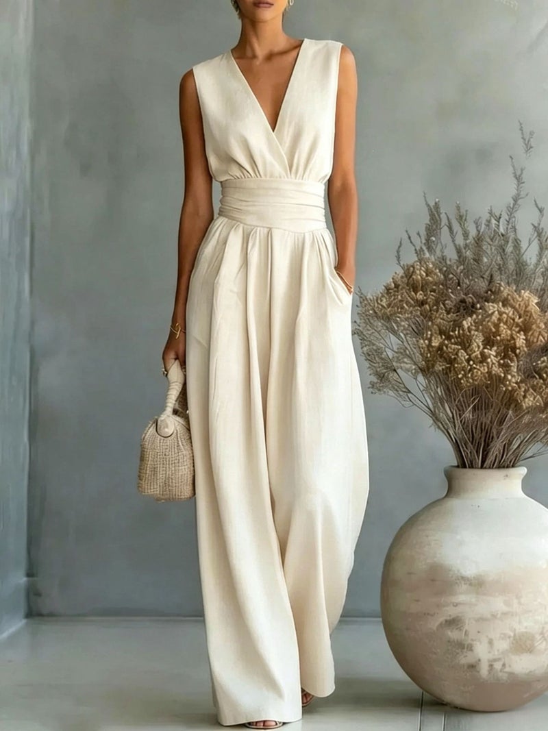 2026 European and American Cross-Border Spring/Summer New Elegant High-Waisted V-Neck Jumpsuit