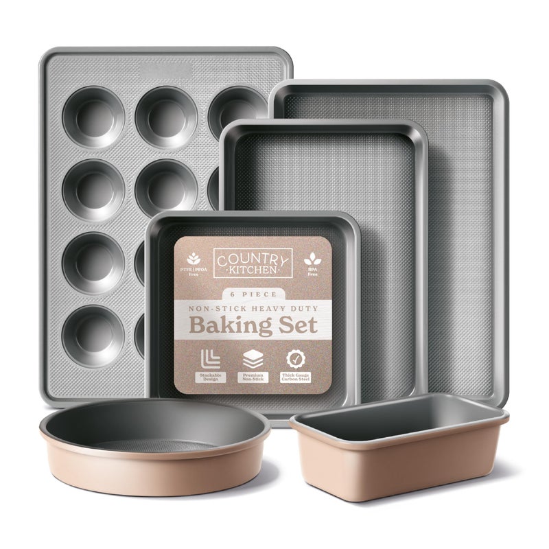 Country Kitchen Nonstick Stackable Bakeware Set - Durable, Easy Release Baking Set, Taupe, 6 Pcs - Image 1