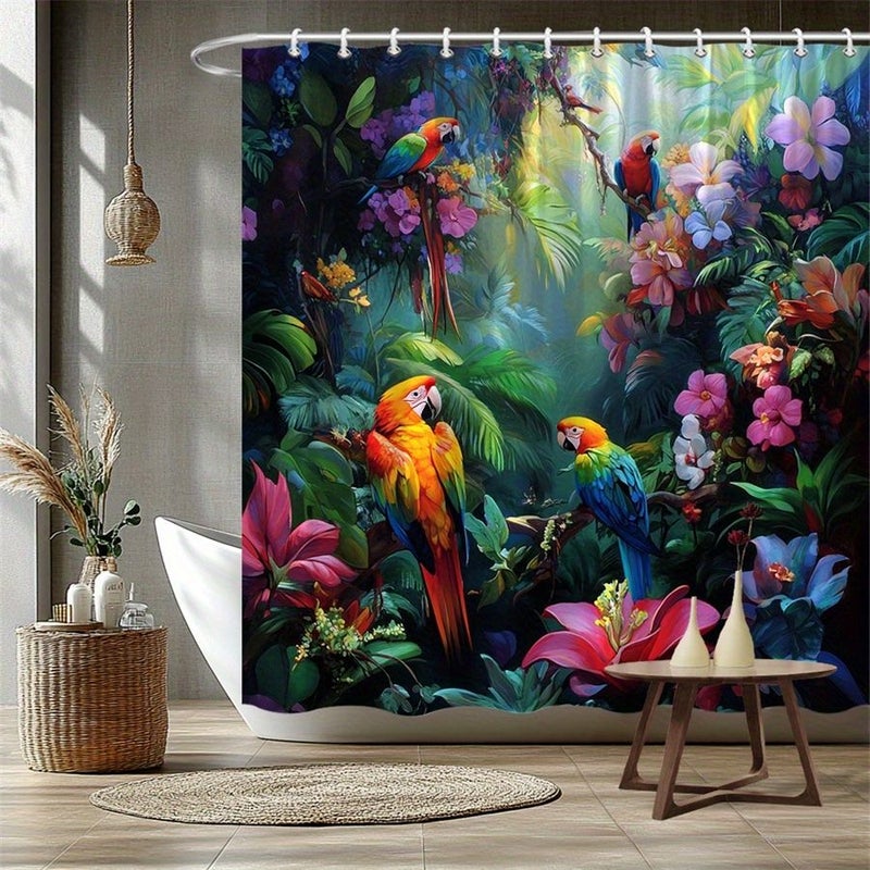 1PC Tropical Rainforest Shower Curtain With Colorful Macaws And Vibrant Flowers Polychrome 70.87x70.87 Inch Exotic Birds And Blooming Paradise Design Home Bathroom Decor Moving Gift Idea 12 Hooks - Image 1