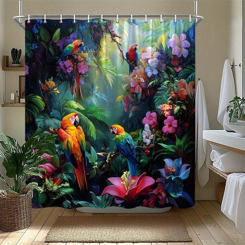 1PC Tropical Rainforest Shower Curtain With Colorful Macaws And Vibrant Flowers Polychrome 70.87x70.87 Inch Exotic Birds And Blooming Paradise Design Home Bathroom Decor Moving Gift Idea 12 Hooks - Image 4